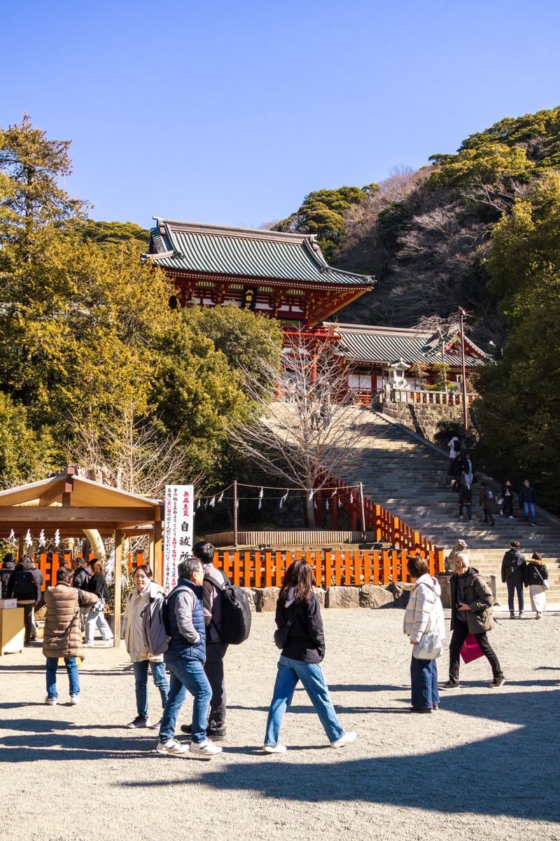 鶴岡八幡宮の本宮へ続く石段と、参拝者でにぎわう鎌倉の境内